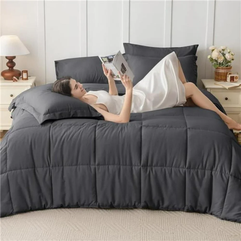 Queen Comforter Set 7 Piece Bed in a Bag Soft Down Alternative Dark Grey